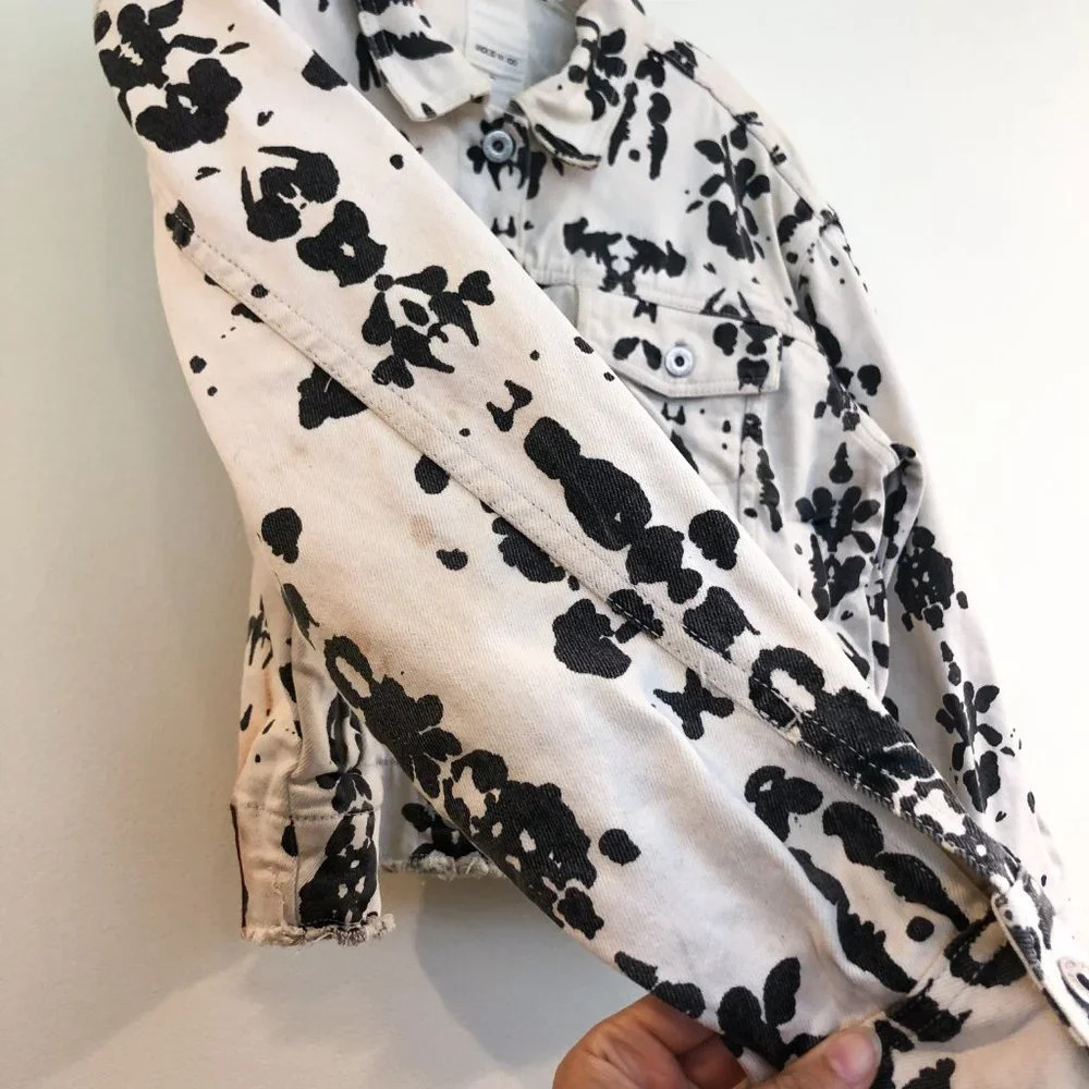 WOOD WOOD Black & White Splattered Canvas Jean Designer Denim Jacket S FLAWED - Picture 4 of 10